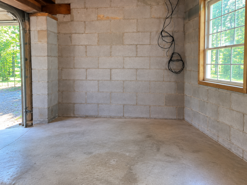 After garage junk removal in Tiger, Georgia, showing the cleared concrete floor and empty storage area following service by Appalachian Junk Removal, LLC.